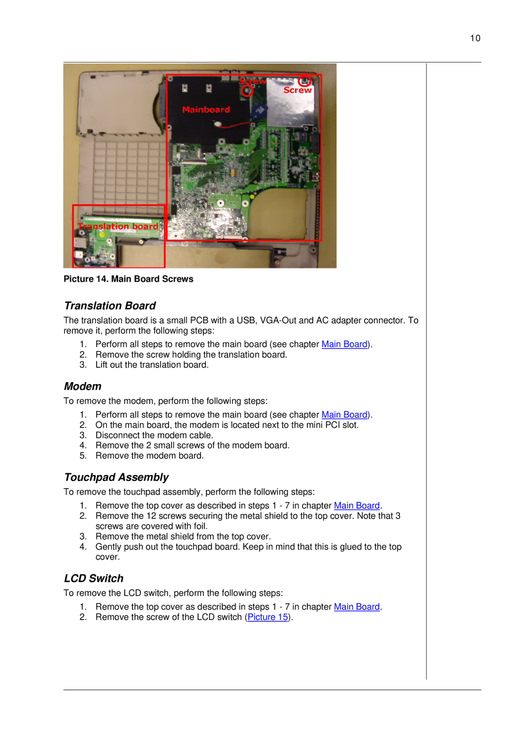 Packard Bell B3 manual Translation Board, Modem, Touchpad Assembly, LCD Switch 