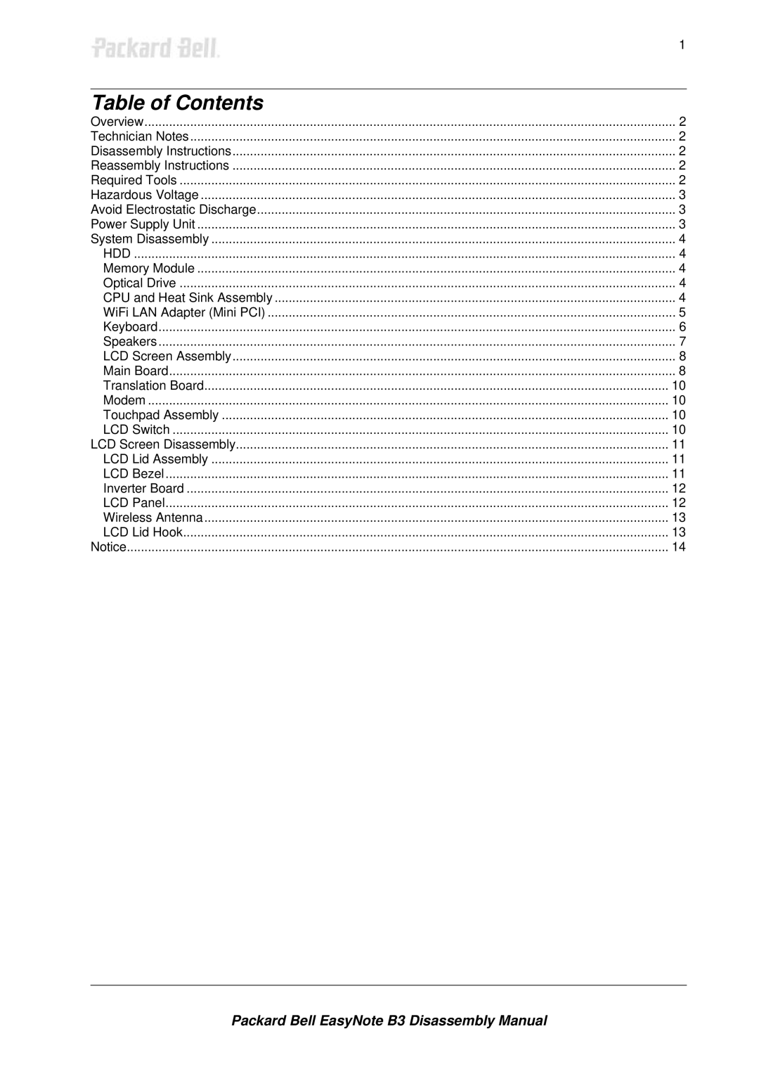 Packard Bell B3 manual Table of Contents 