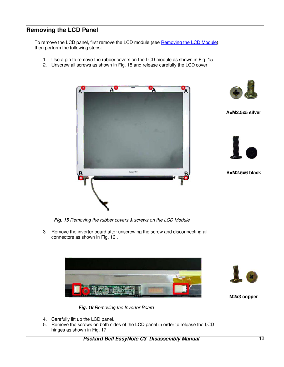 Packard Bell C3 manual Removing the LCD Panel, Removing the rubber covers & screws on the LCD Module 