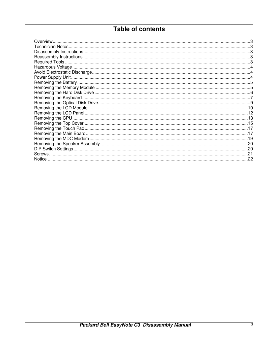 Packard Bell C3 manual Table of contents 