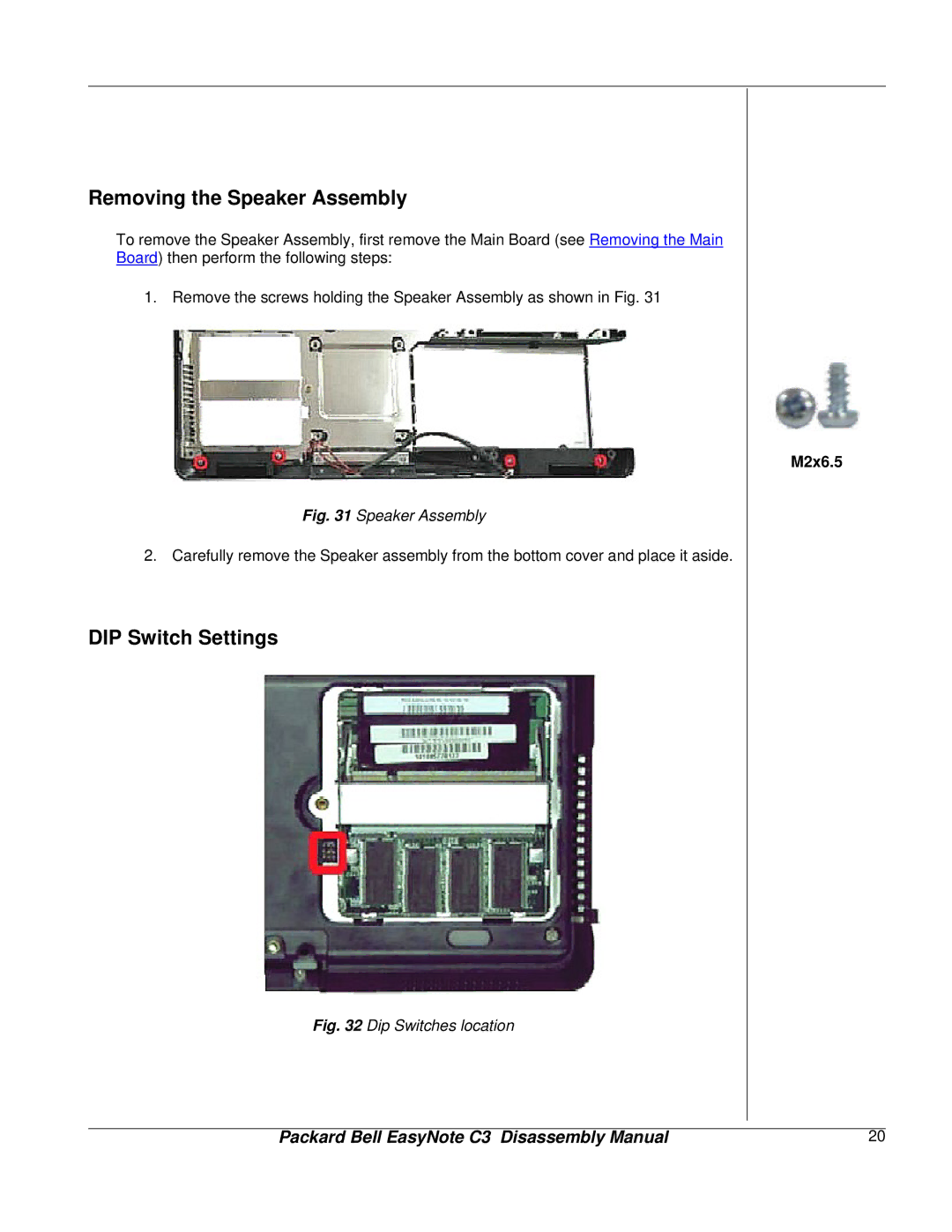 Packard Bell C3 manual Removing the Speaker Assembly, DIP Switch Settings 