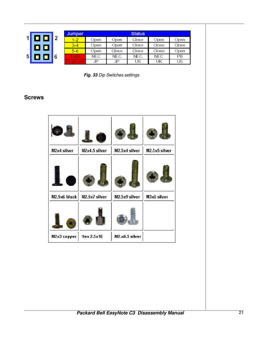 Packard Bell C3 manual Screws, Dip Switches settings 