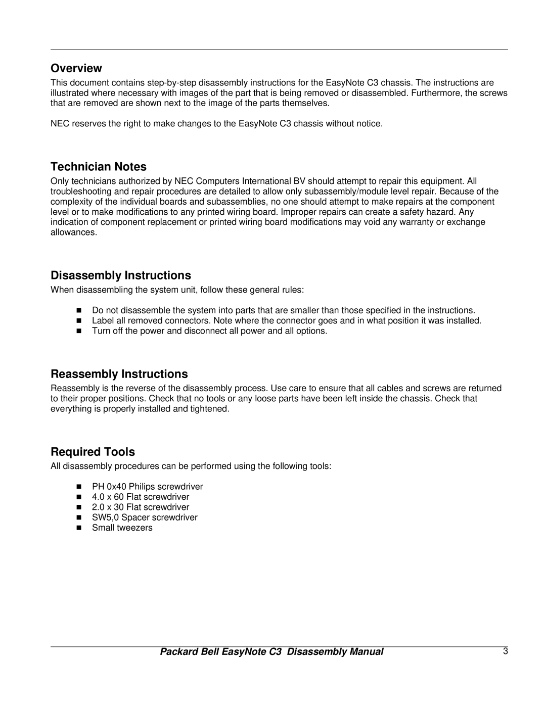 Packard Bell C3 manual Overview, Technician Notes, Disassembly Instructions, Reassembly Instructions, Required Tools 