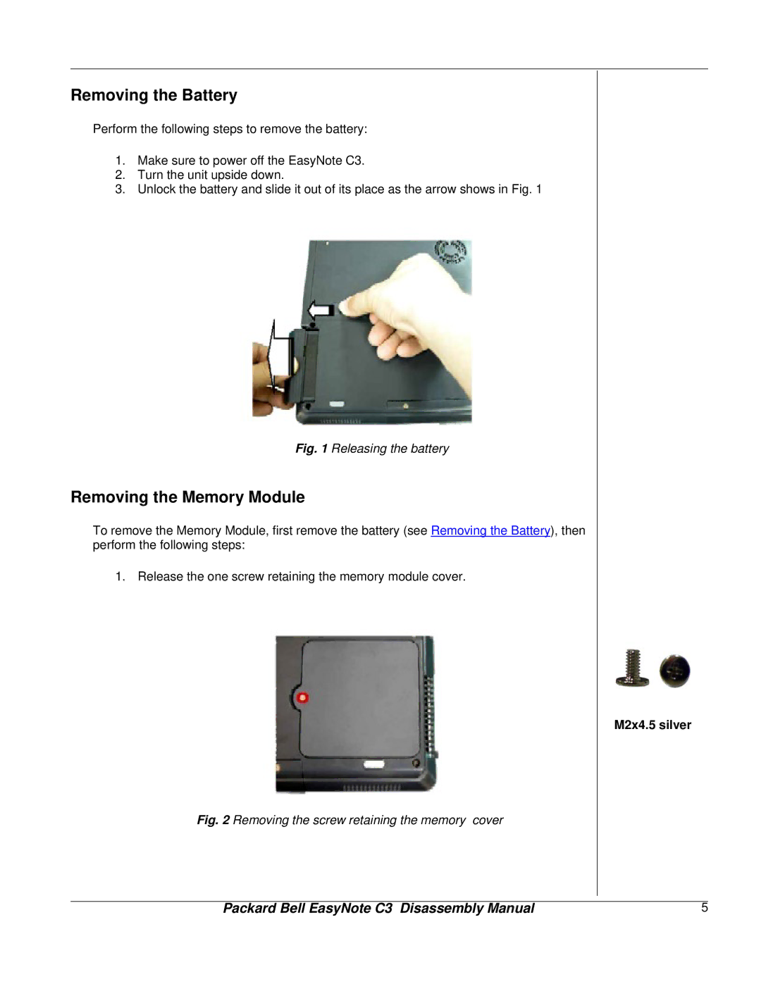 Packard Bell C3 manual Removing the Battery, Removing the Memory Module 