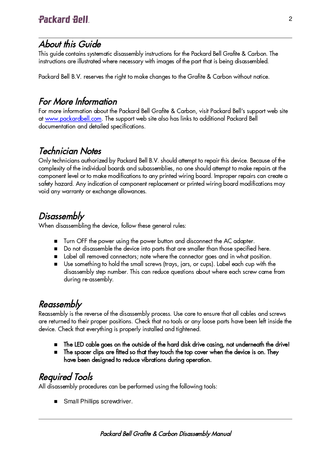 Packard Bell CS036A00 About this Guide, For More Information Technician Notes, Disassembly, Reassembly, Required Tools 