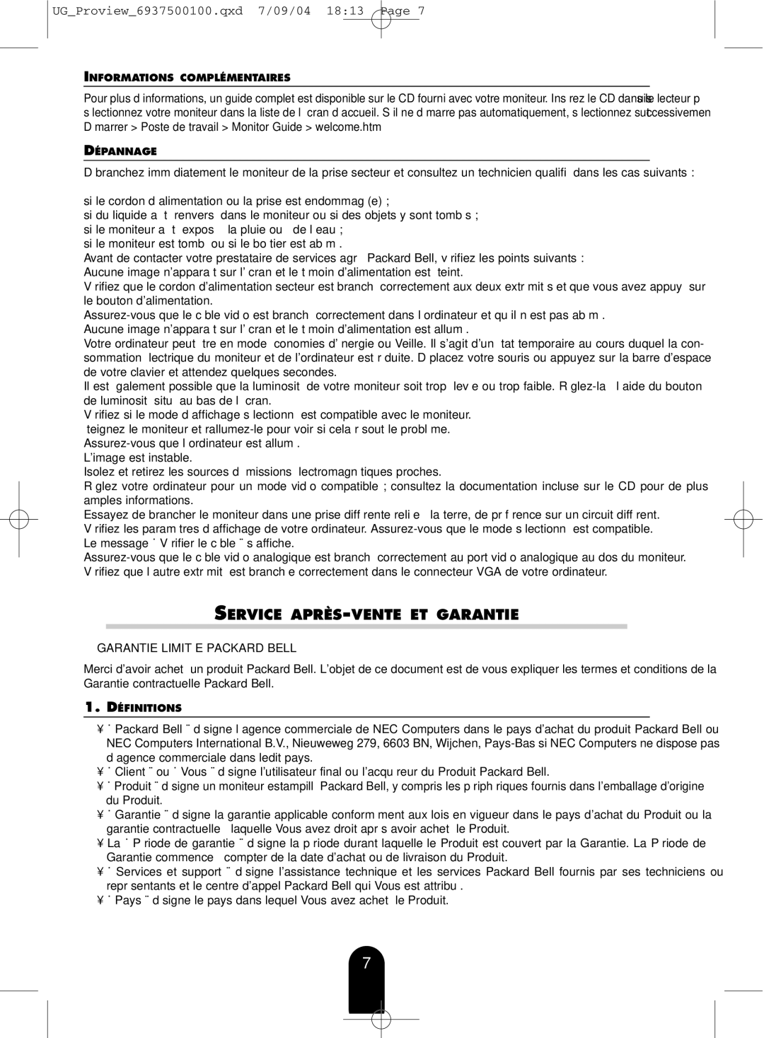 Packard Bell CT500P Service APRÈS-VENTE ET Garantie, Garantie Limitée Packard Bell, Informations Complémentaires 