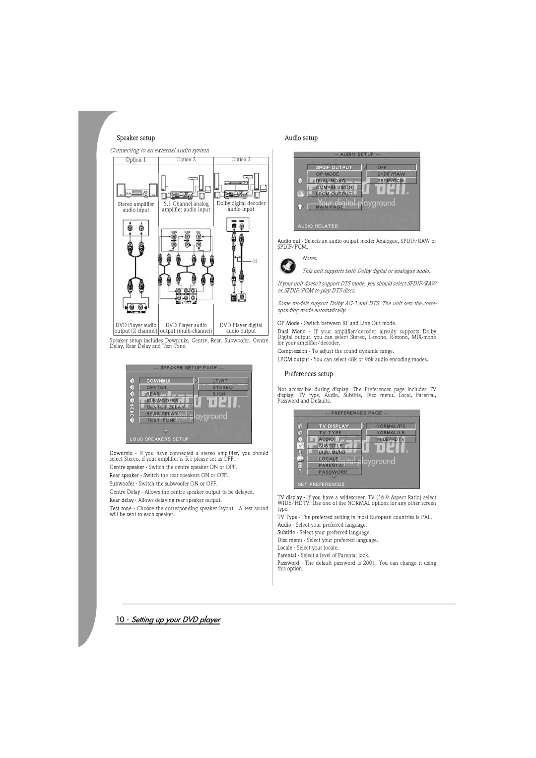 Packard Bell DVX 460 manual Speaker setup, Audio setup, Preferences setup, Connecting to an external audio system, Option 