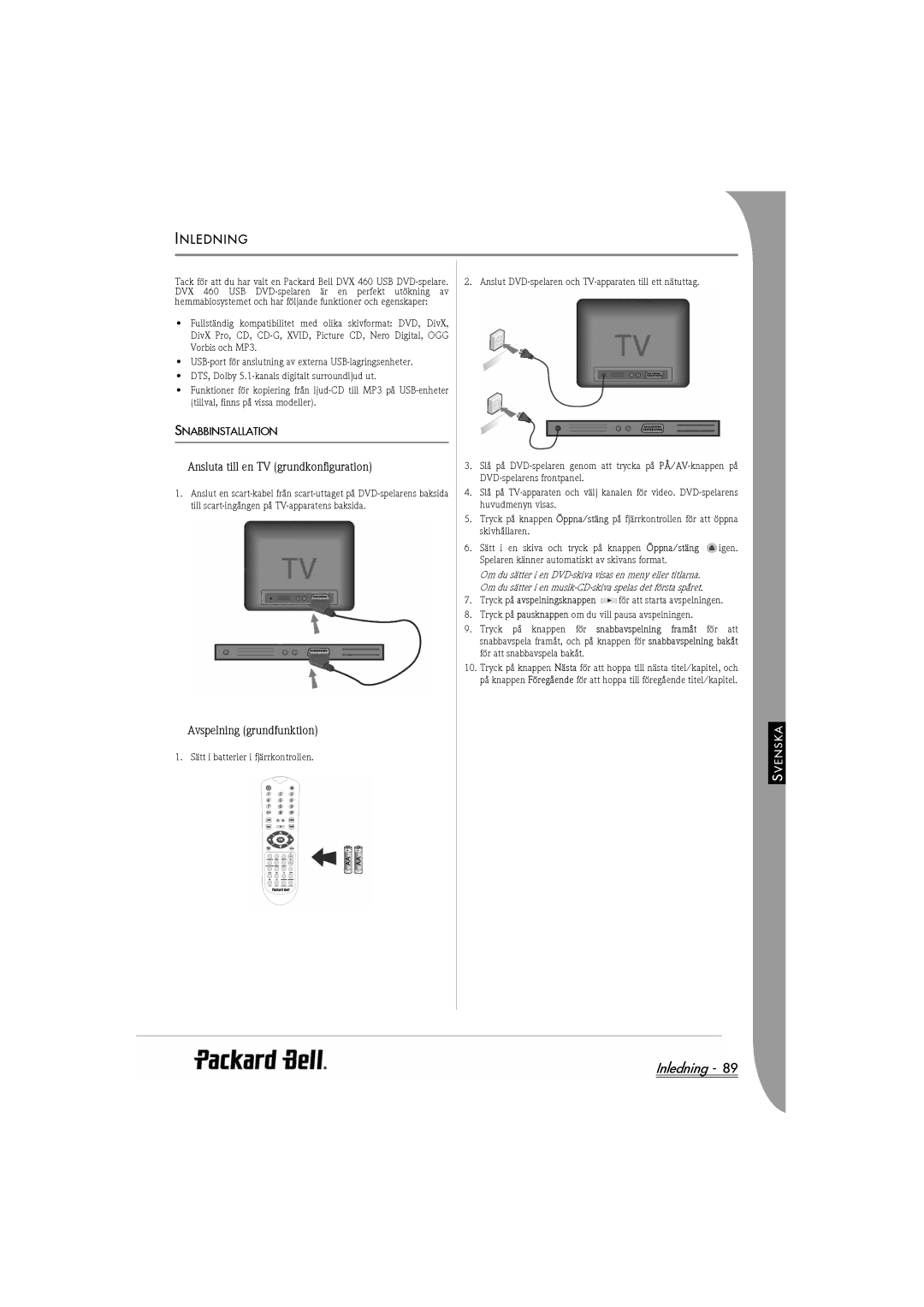 Packard Bell DVX 460 manual Inledning, Nledning, Ansluta till en TV grundkonfiguration, Avspelning grundfunktion 