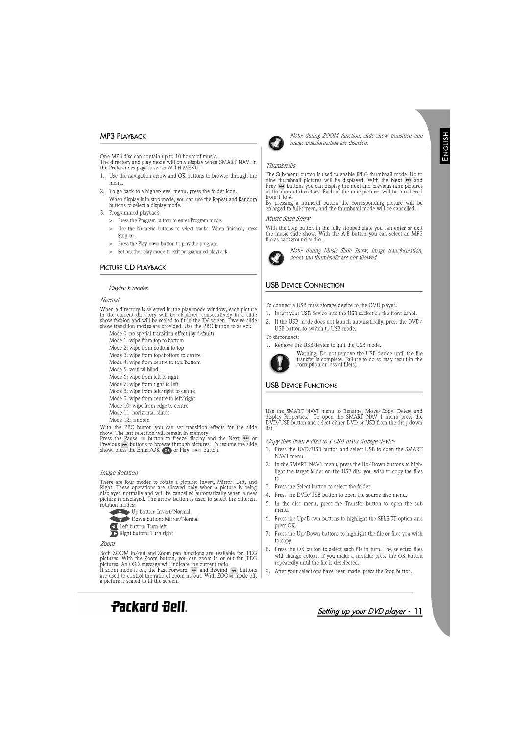 Packard Bell DVX 460 manual MP3 Playback, Picture CD Playback, Playback modes 