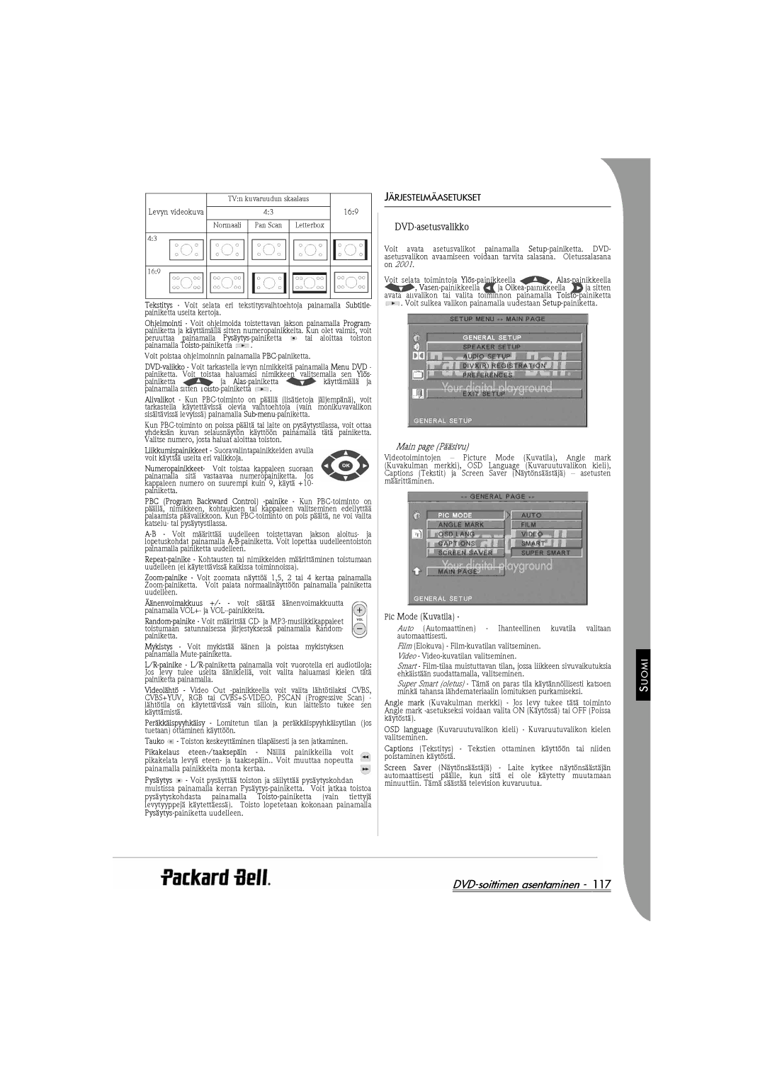 Packard Bell DVX 460 manual DVD-asetusvalikko, Järjestelmäasetukset, Main page Pääsivu, Pic Mode Kuvatila 