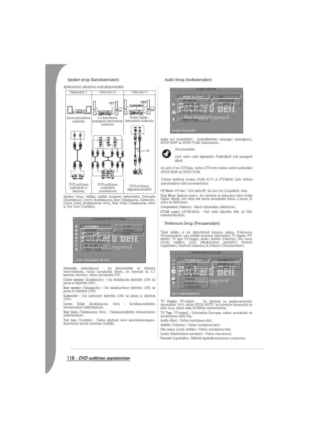 Packard Bell DVX 460 manual Speaker setup Kaiutinasetukset, Audio Setup Audioasetukset, Preferences Setup Perusasetukset 