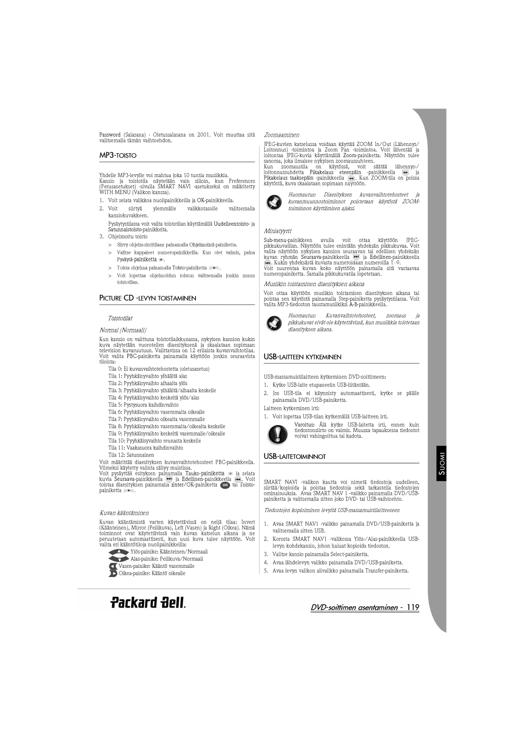 Packard Bell DVX 460 MP3-TOISTO, Picture CD -LEVYN Toistaminen, Toistotilat, USB-LAITTEEN Kytkeminen, Usb-Laitetoiminnot 