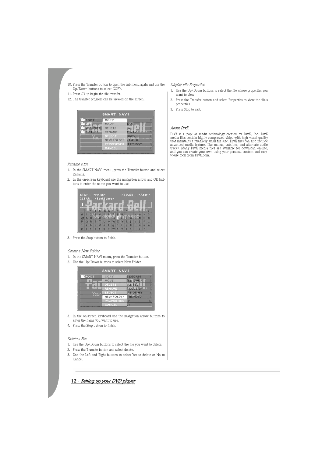 Packard Bell DVX 460 manual Rename a file, Create a New Folder, Delete a File, Display File Properties, About DivX 