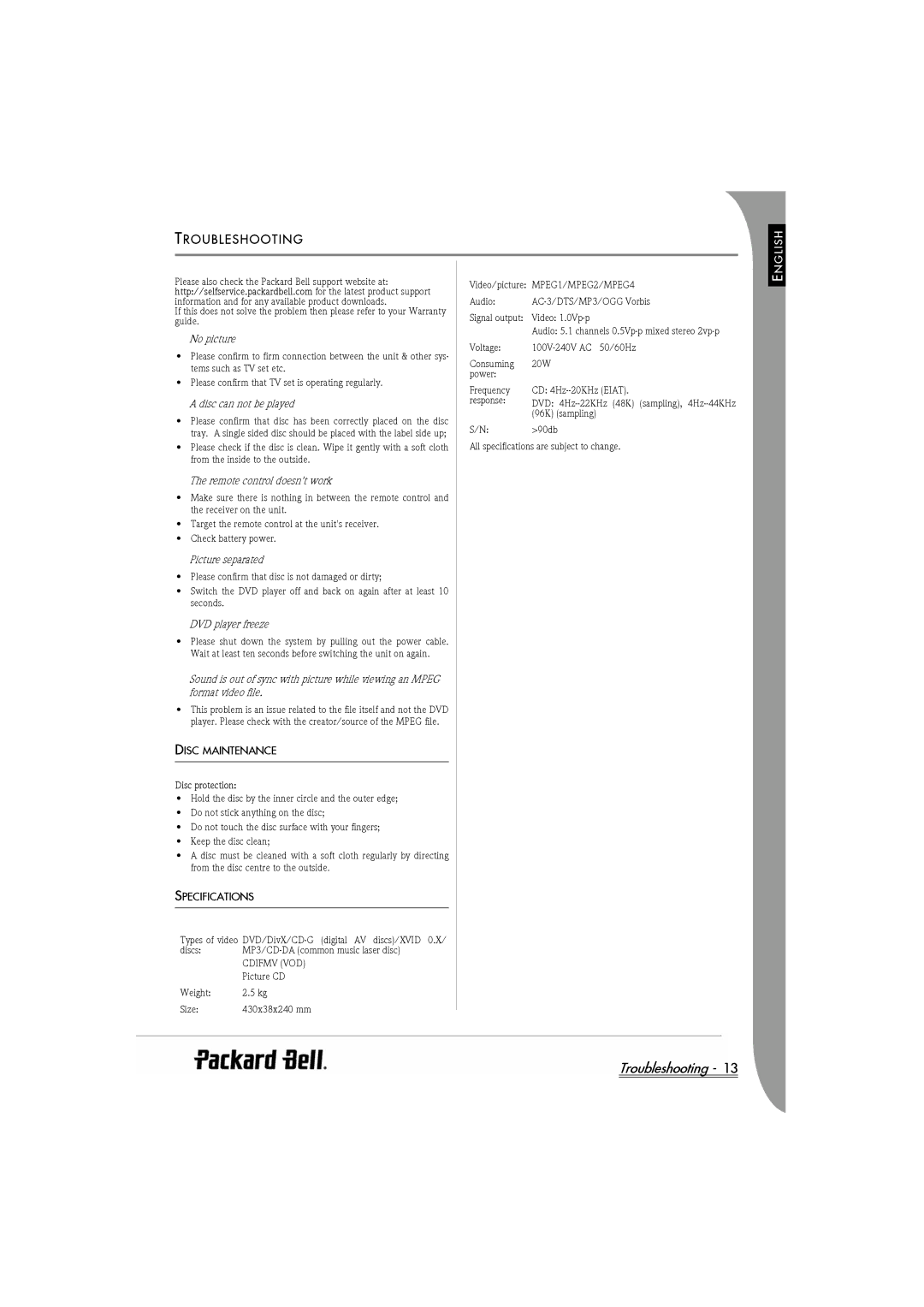 Packard Bell DVX 460 manual Troubleshooting, Roubleshooting, Disc Maintenance, Specifications 