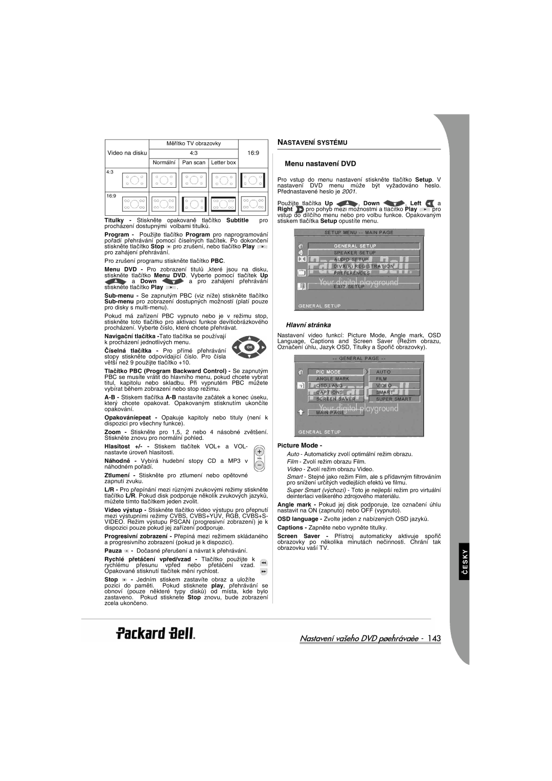 Packard Bell DVX 460 manual Menu nastavení DVD 