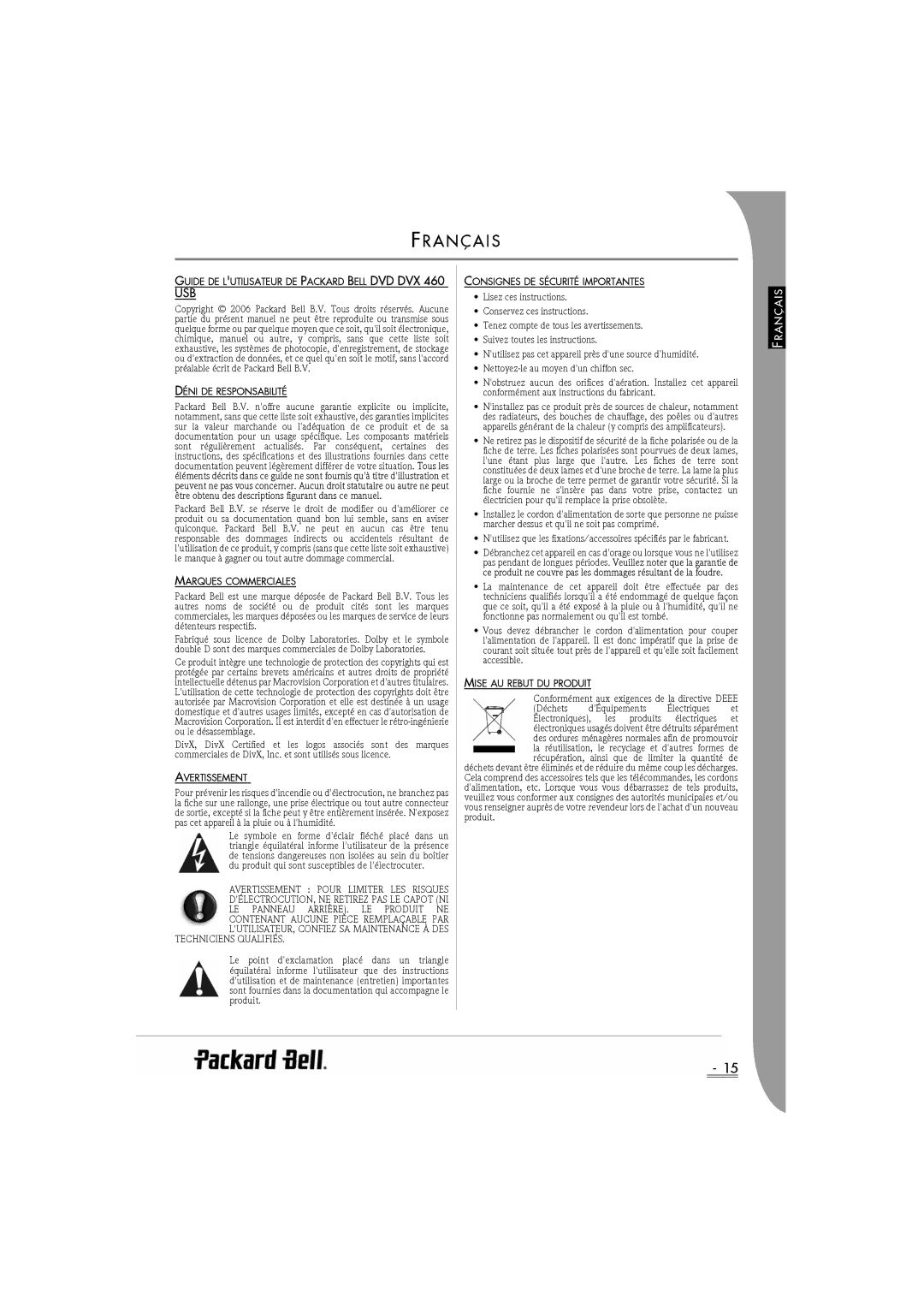 Packard Bell DVX 460 manual Usb, Conformément aux exigences de la directive Deee 