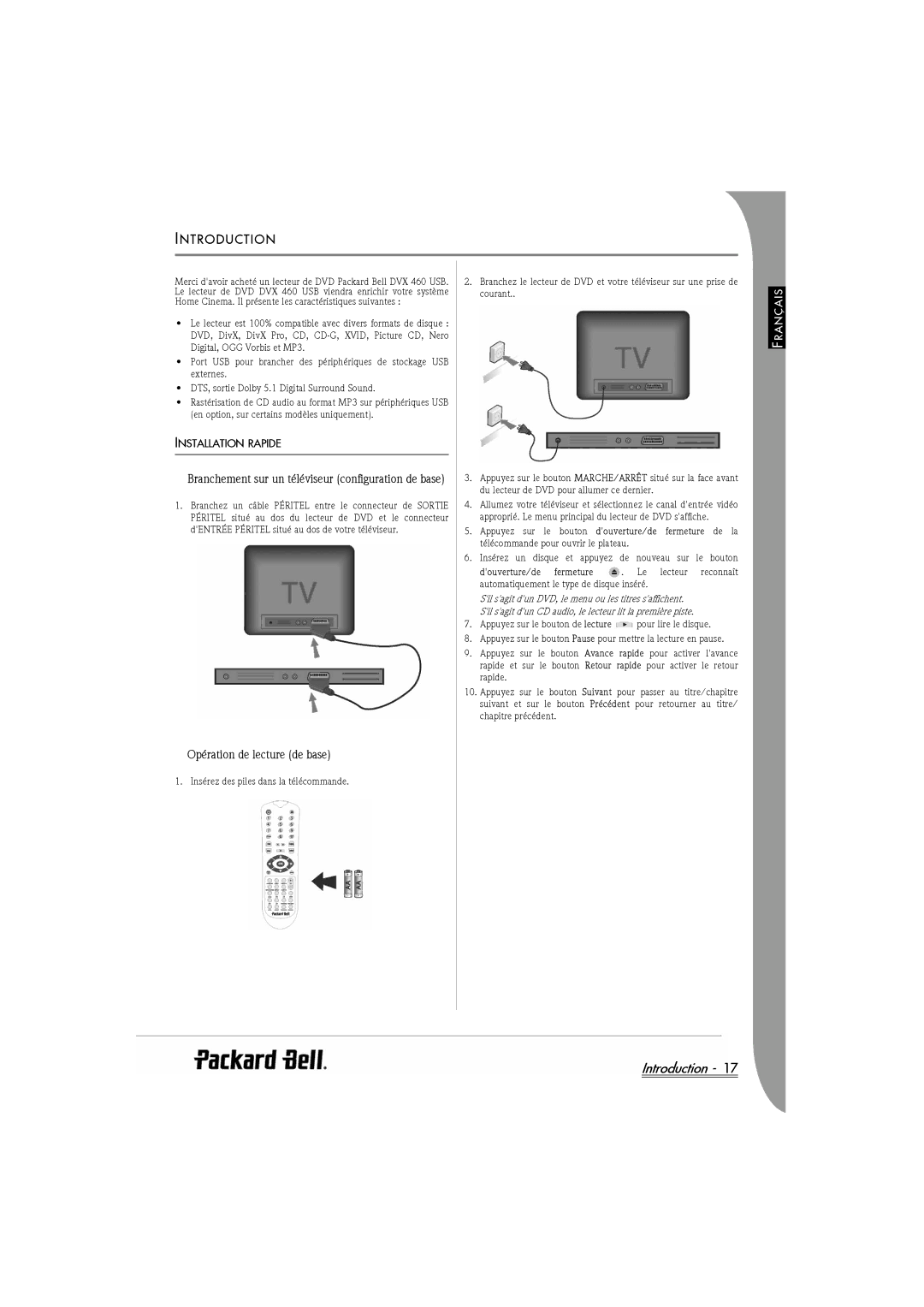 Packard Bell DVX 460 manual Opération de lecture de base, Installation Rapide 