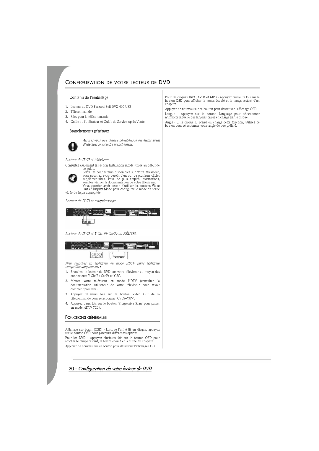 Packard Bell DVX 460 Configuration de votre lecteur de DVD, Configuration DE Votre Lecteur DE DVD, Contenu de lemballage 