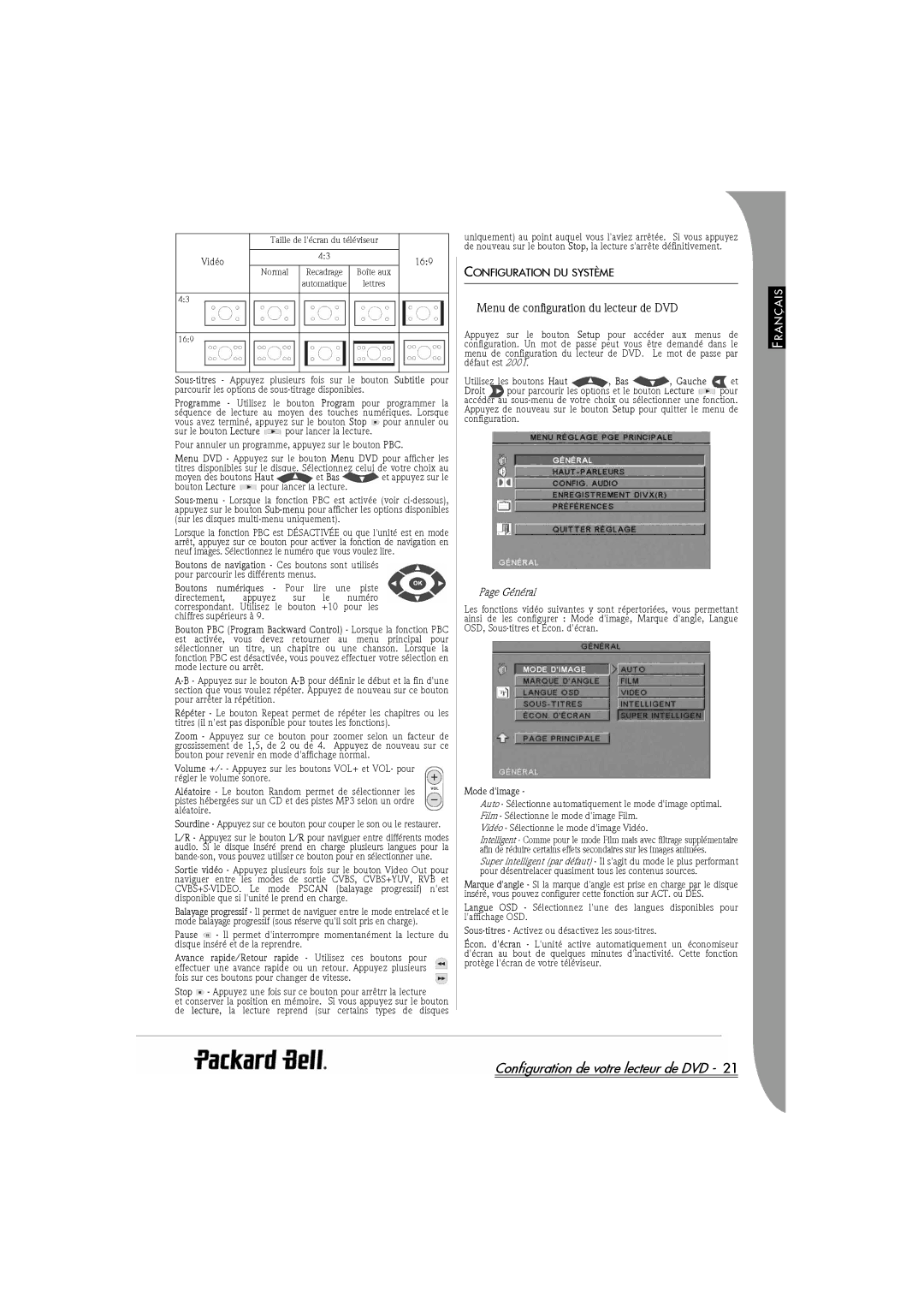 Packard Bell DVX 460 manual Configuration DU Système, Menu de configuration du lecteur de DVD, Général 