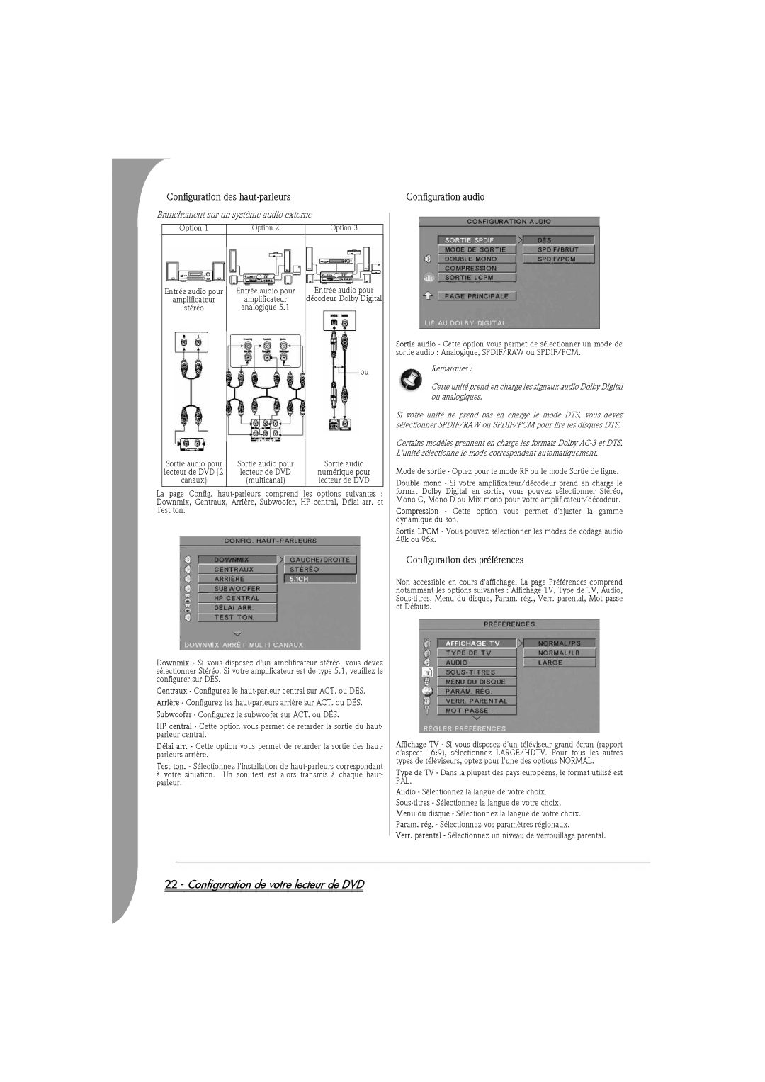 Packard Bell DVX 460 manual Configuration des haut-parleurs, Configuration audio, Configuration des préférences 