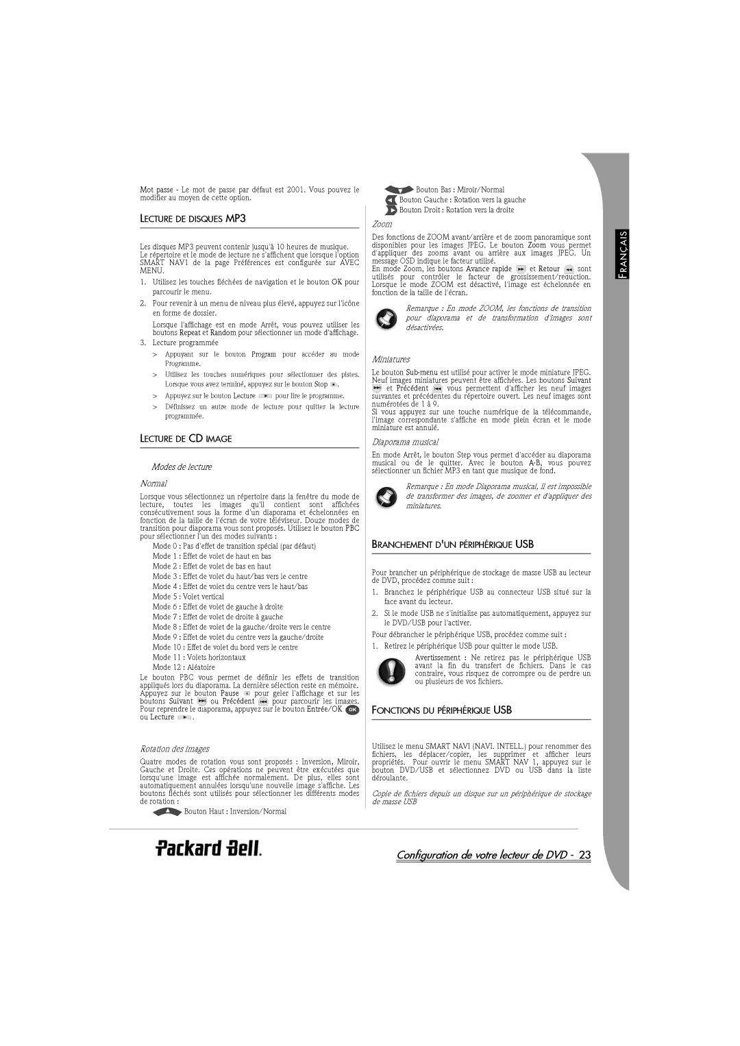 Packard Bell DVX 460 manual Lecture DE Disques MP3, Lecture DE CD Image, Modes de lecture, Branchement DUN Périphérique USB 