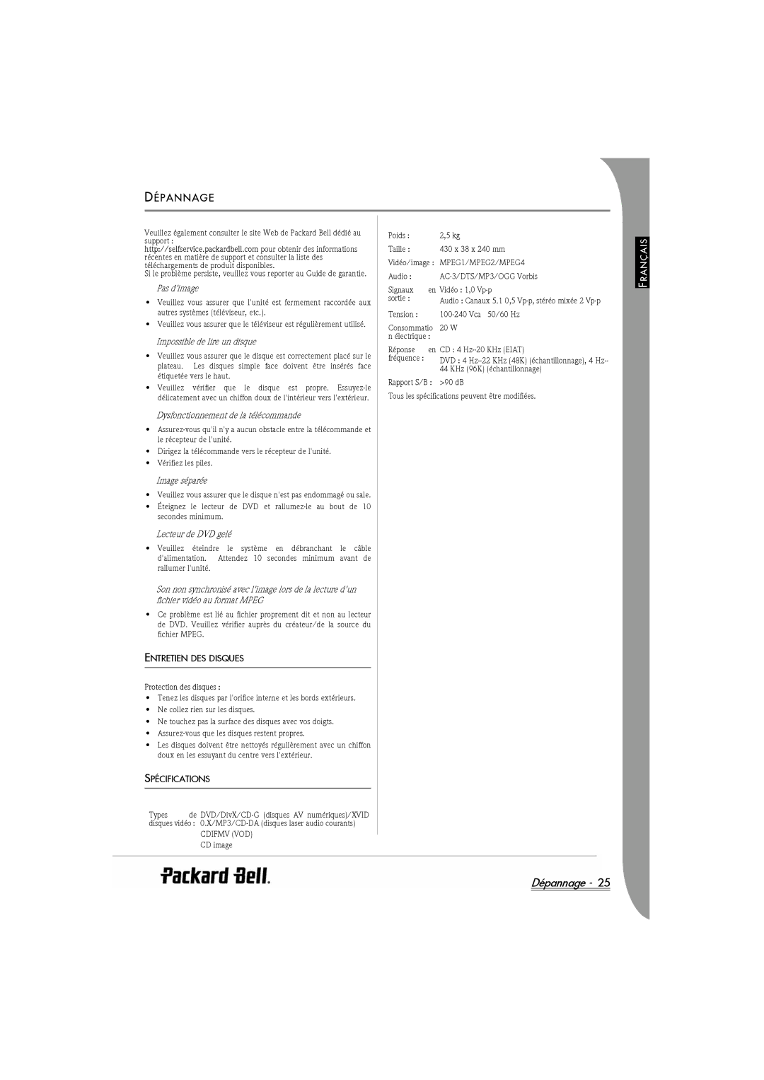 Packard Bell DVX 460 manual Dépannage, Épannage, Entretien DES Disques, Spécifications 