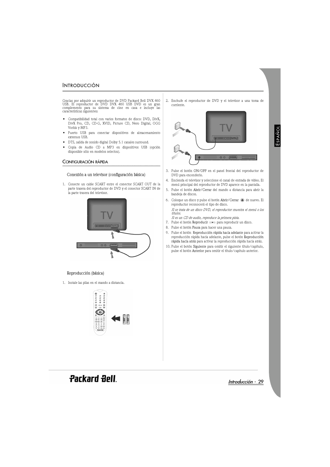 Packard Bell DVX 460 manual Introducción, Ntroducción, Conexión a un televisor configuración básica, Reproducción básica 