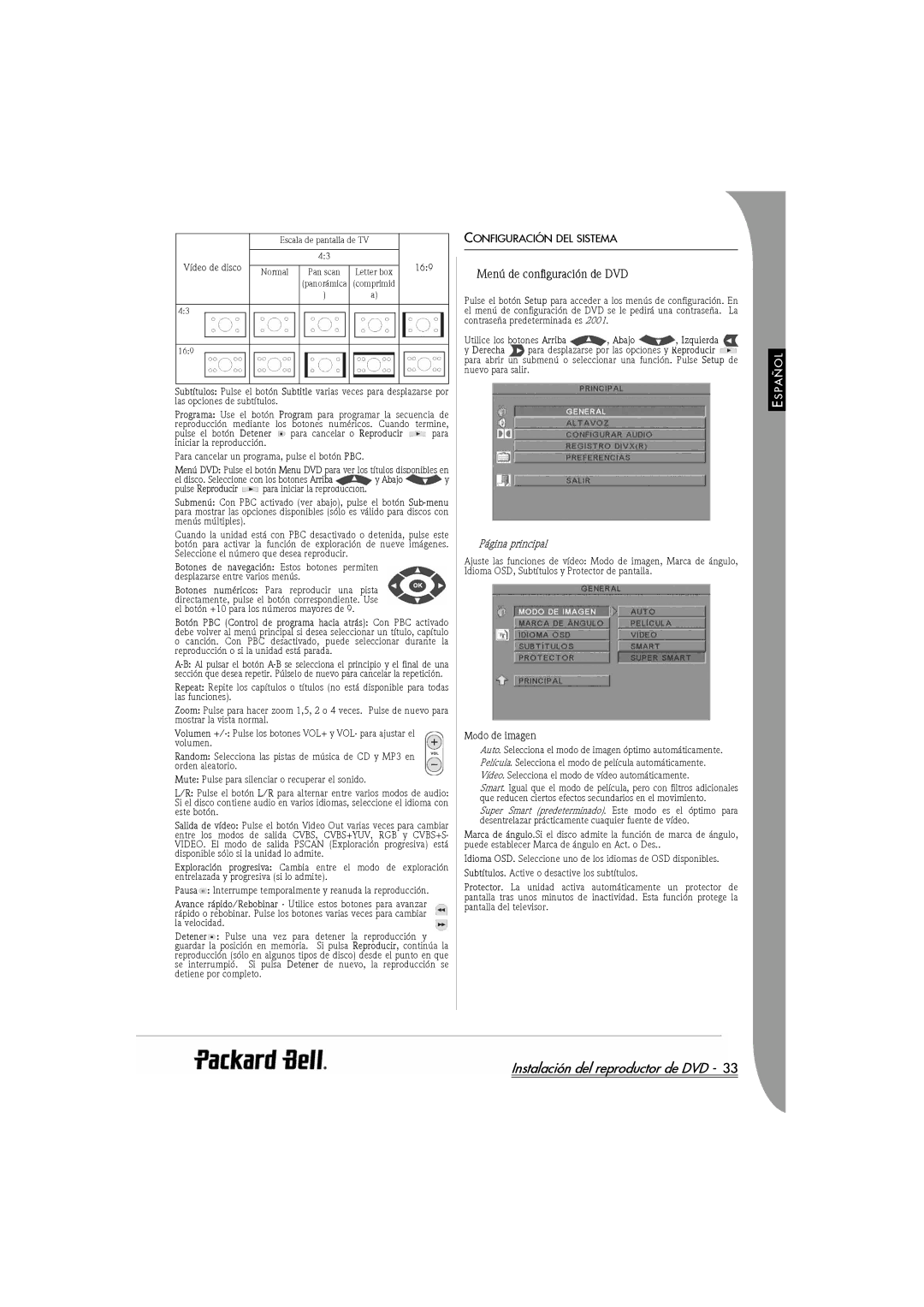 Packard Bell DVX 460 Menú de configuración de DVD, Configuración DEL Sistema, Página principal, Modo de imagen, Abajo 