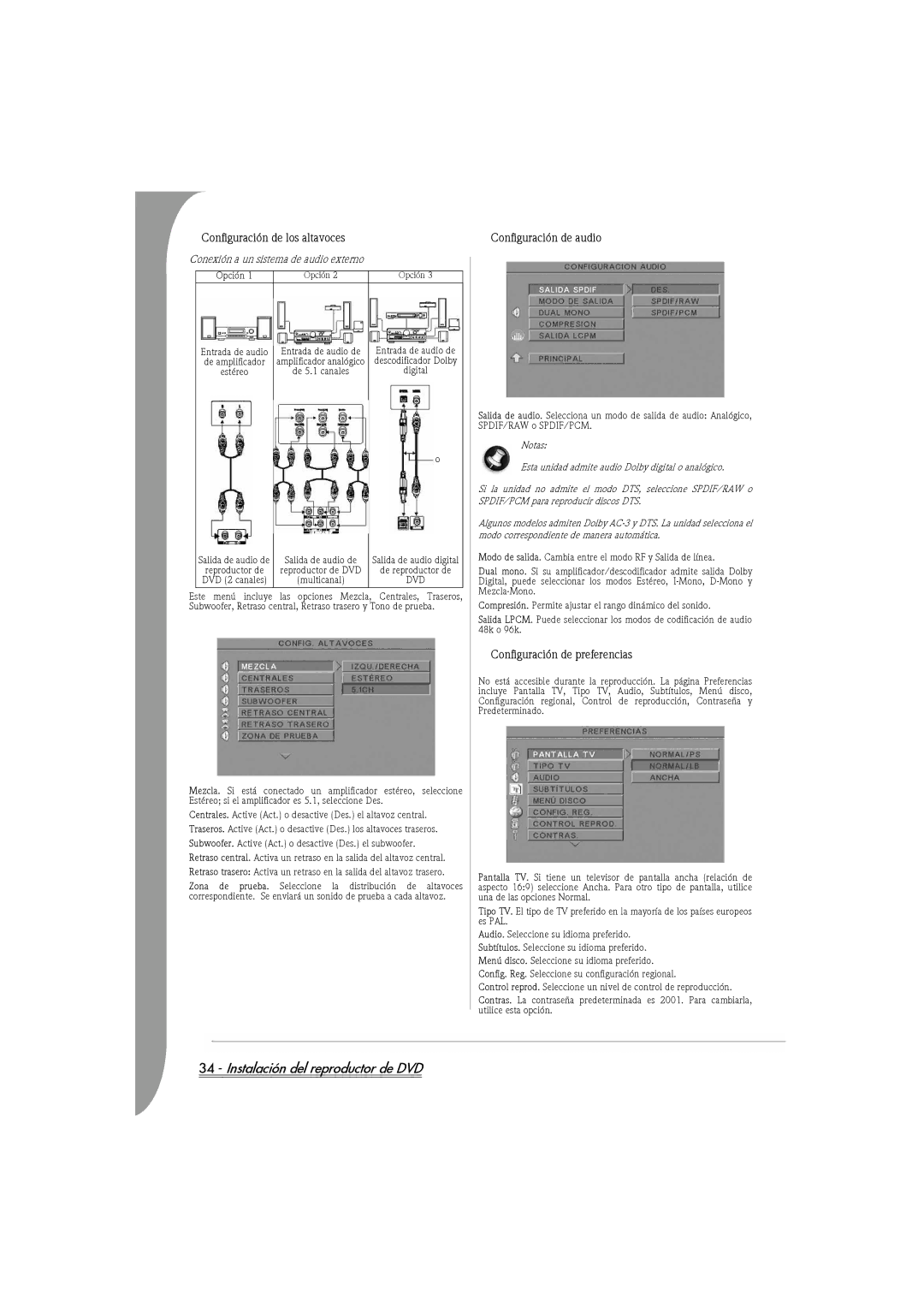 Packard Bell DVX 460 manual Configuración de los altavoces, Configuración de audio, Configuración de preferencias, Opción 