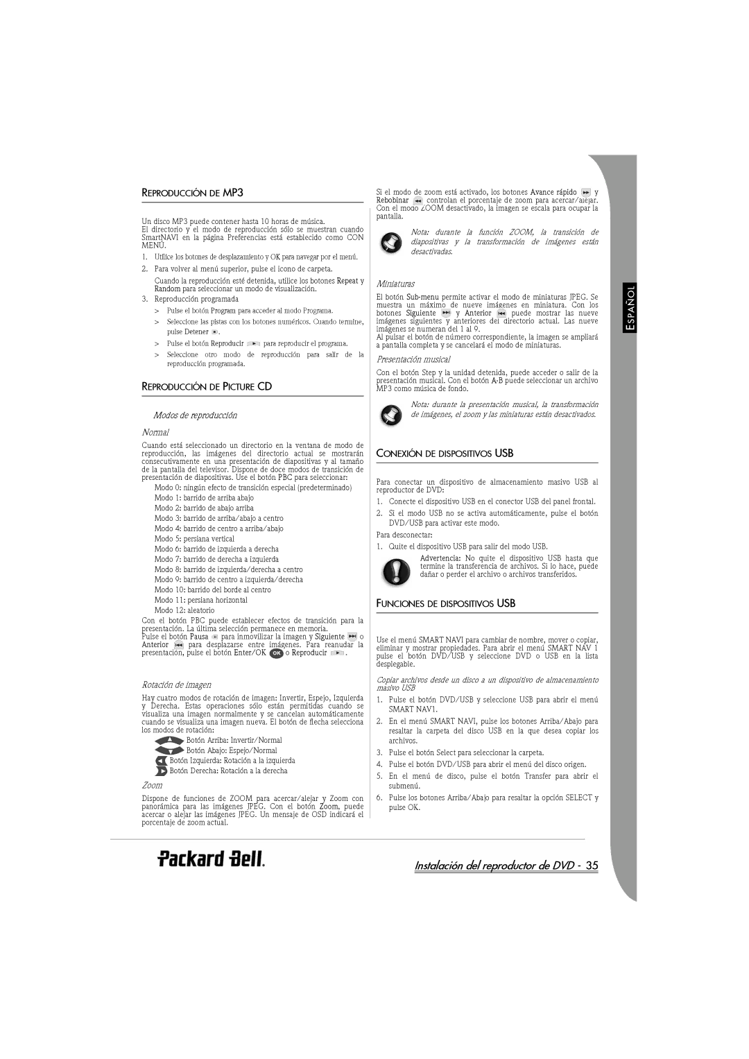 Packard Bell DVX 460 Reproducción DE MP3, Reproducción DE Picture CD, Modos de reproducción, Conexión DE Dispositivos USB 