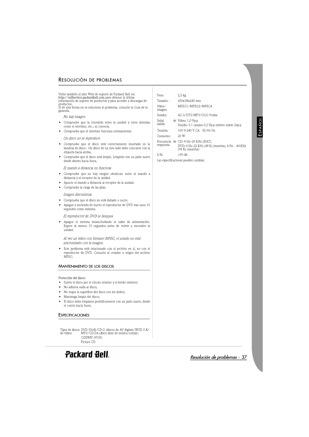 Packard Bell DVX 460 manual Resolución de problemas, Resolución DE Problemas, Mantenimiento DE LOS Discos, Especificaciones 