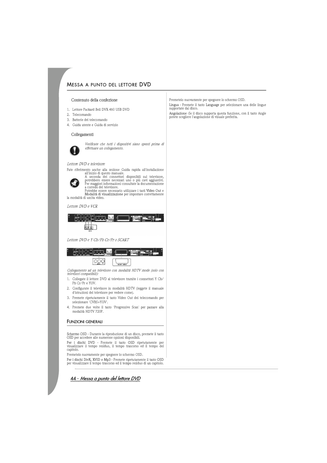 Packard Bell DVX 460 manual Messa a punto del lettore DVD, Messa a Punto DEL Lettore DVD, Contenuto della confezione 