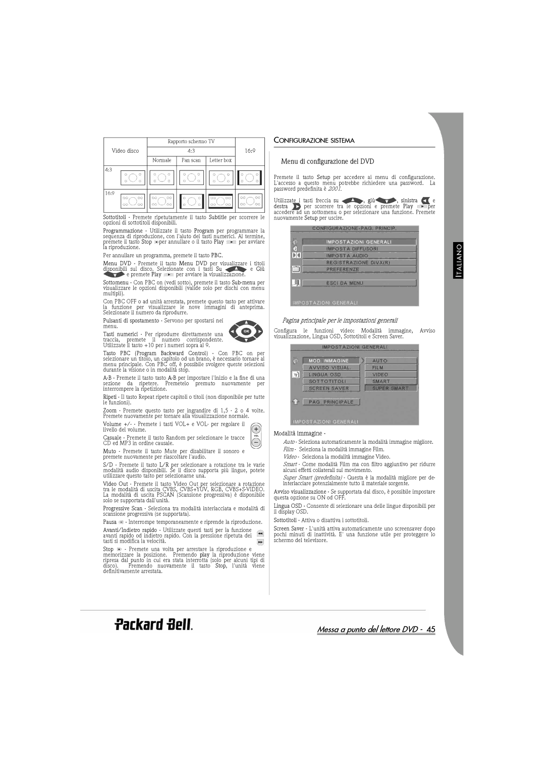 Packard Bell DVX 460 manual Menu di configurazione del DVD, Configurazione Sistema, Modalità immagine 