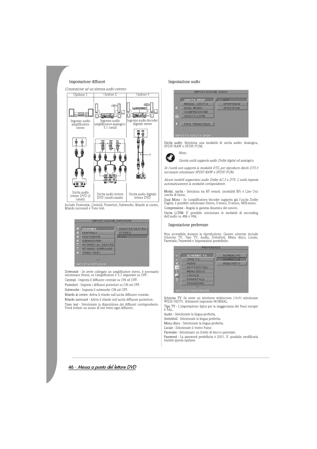 Packard Bell DVX 460 manual Impostazione diffusori, Impostazione audio, Impostazione preferenze 