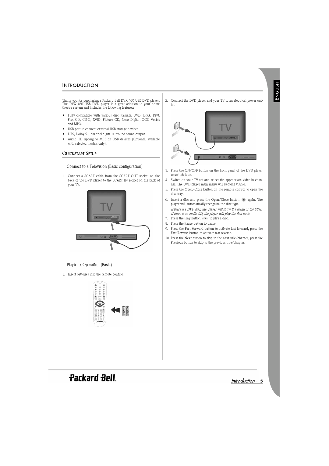 Packard Bell DVX 460 Introduction, Ntroduction, Connect to a Television Basic configuration, Playback Operation Basic 