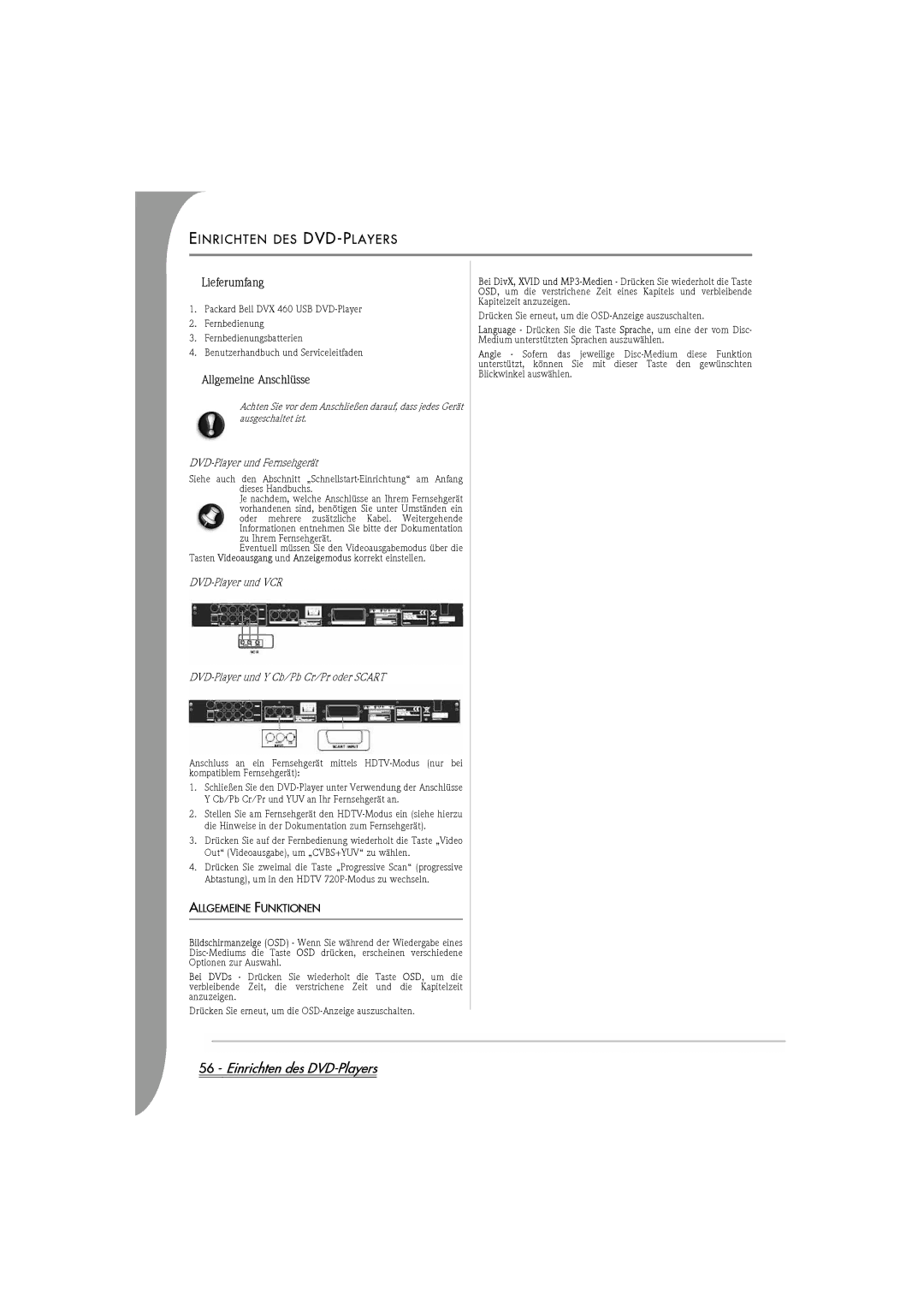 Packard Bell DVX 460 manual Einrichten des DVD-Players, Einrichten DES DVD-PLAYERS, Lieferumfang, Allgemeine Anschlüsse 