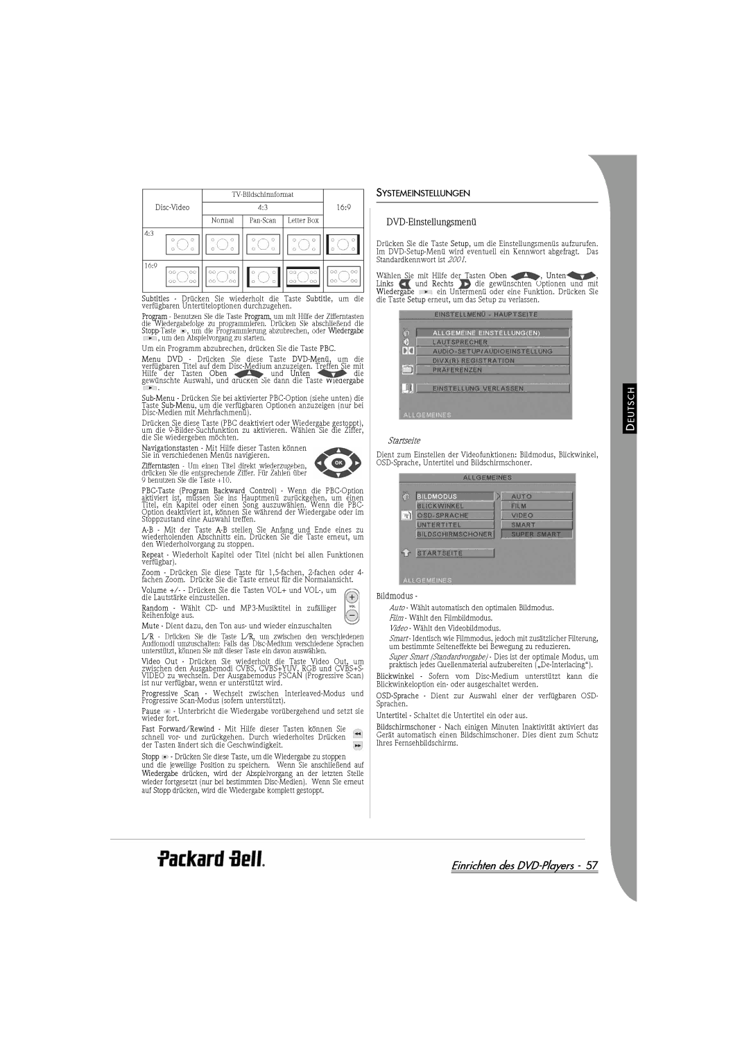 Packard Bell DVX 460 manual DVD-Einstellungsmenü, Systemeinstellungen, Startseite, Bildmodus, Links 