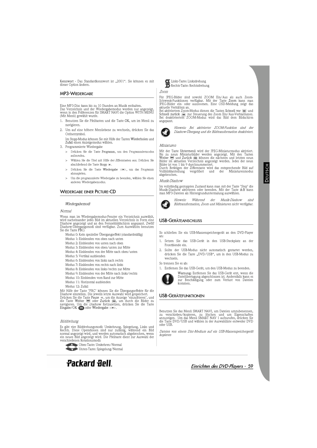 Packard Bell DVX 460 manual MP3-WIEDERGABE, Wiedergabe Einer PICTURE-CD, Wiedergabemodi, Usb-Geräteanschluss 