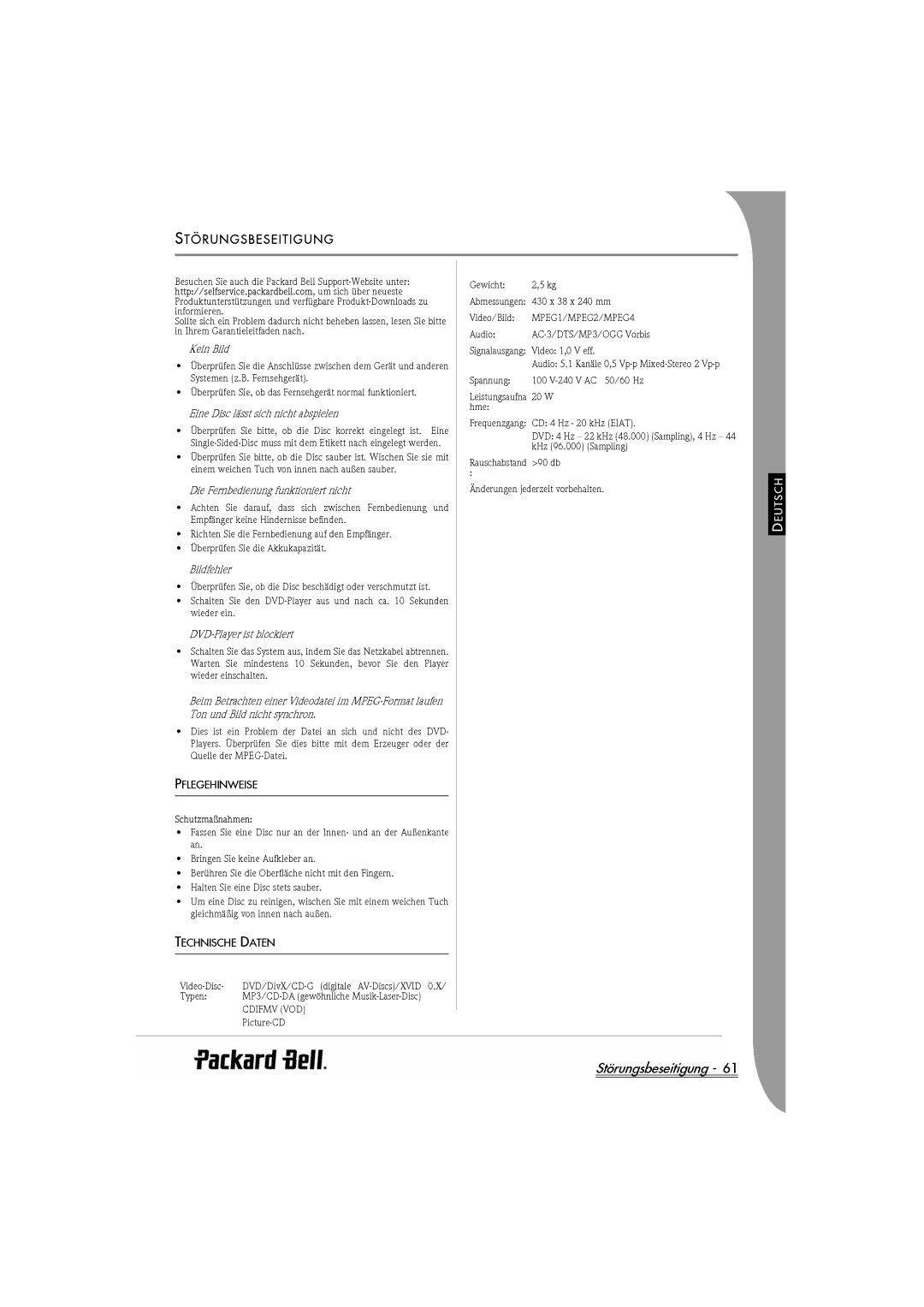 Packard Bell DVX 460 manual Störungsbeseitigung, Pflegehinweise, Technische Daten 