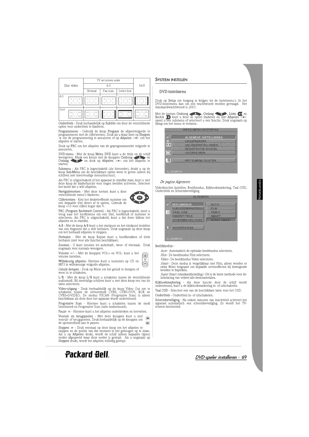 Packard Bell DVX 460 manual DVD-instelmenu, Systeem Instellen, De pagina Algemeen, Beeldmodus 