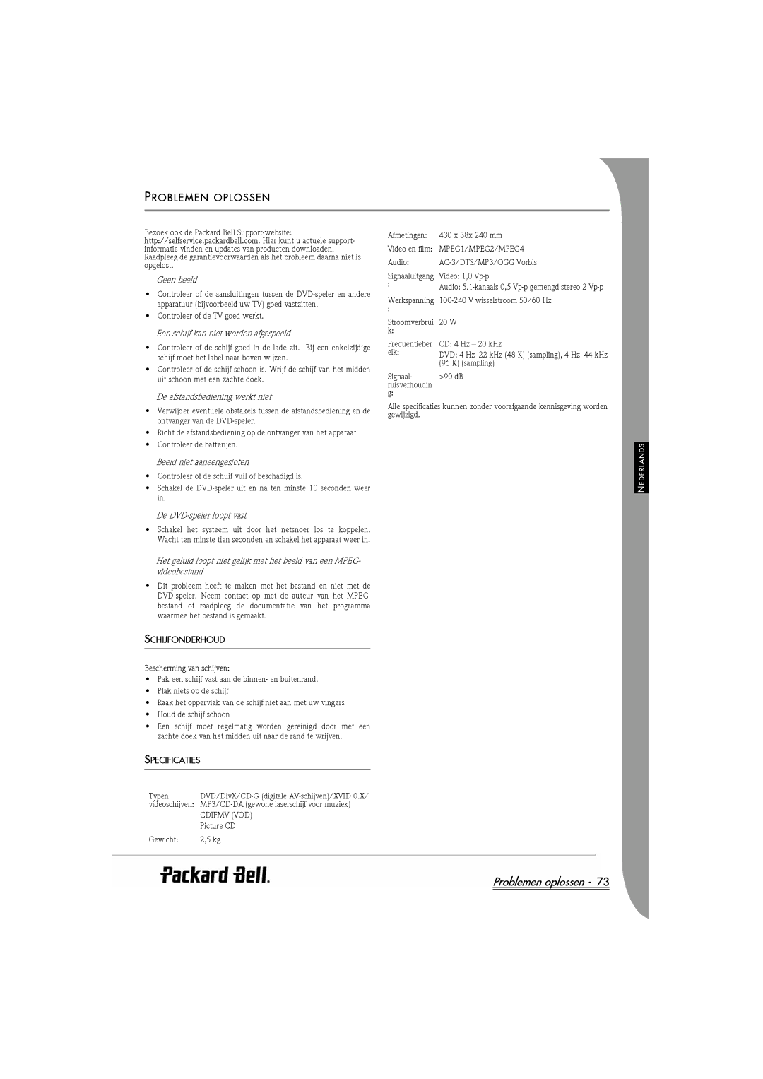 Packard Bell DVX 460 manual Problemen oplossen, Problemen Oplossen, Schijfonderhoud, Specificaties 