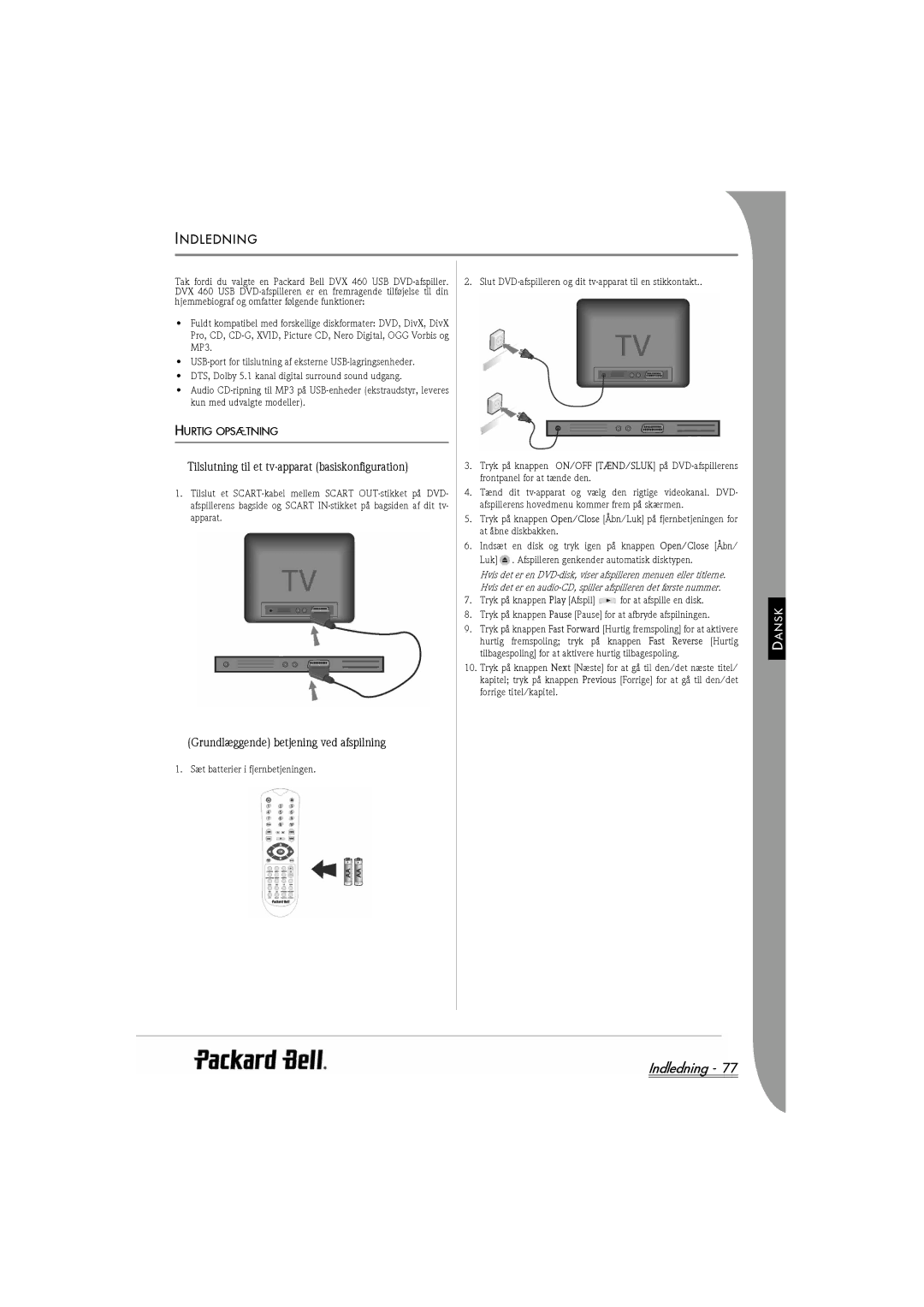 Packard Bell DVX 460 manual Indledning, Ndledning, Tilslutning til et tv-apparat basiskonfiguration, Hurtig Opsætning 