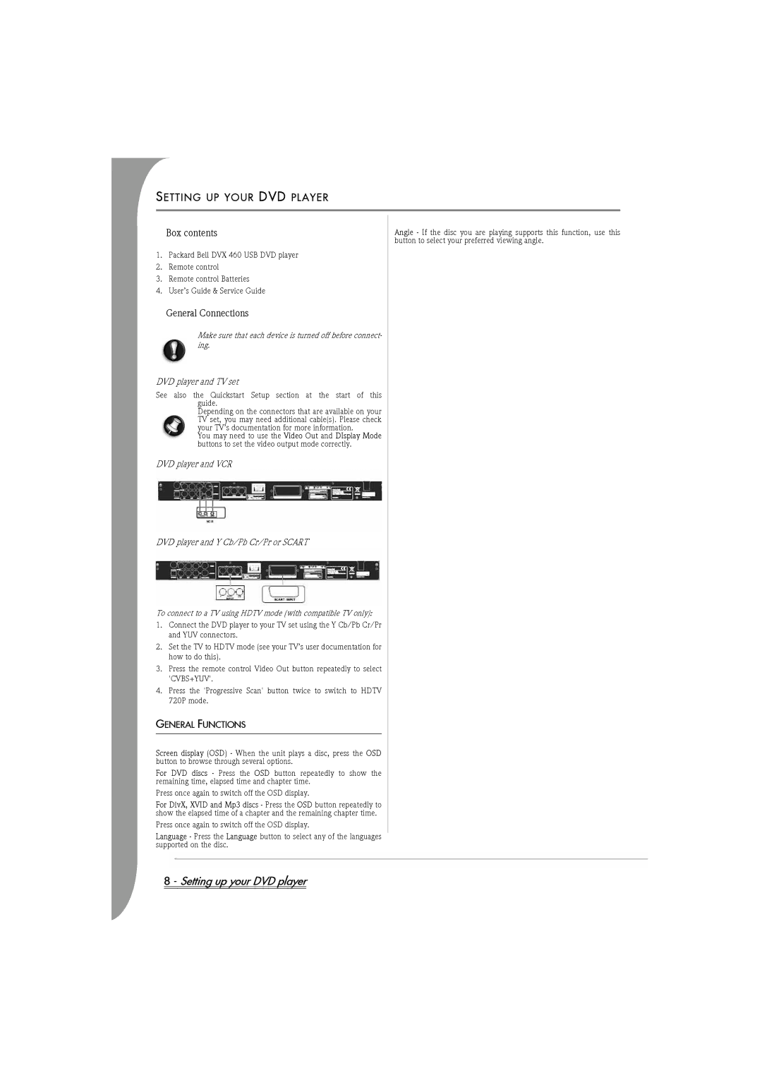 Packard Bell DVX 460 manual Setting up your DVD player, Setting UP Your DVD Player, Box contents, General Connections 