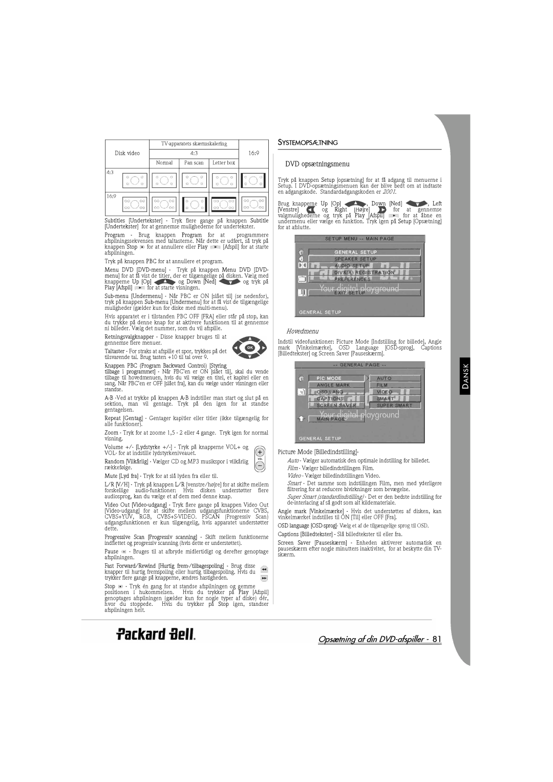 Packard Bell DVX 460 manual DVD opsætningsmenu, Systemopsætning, Hovedmenu, Picture Mode Billedindstilling 