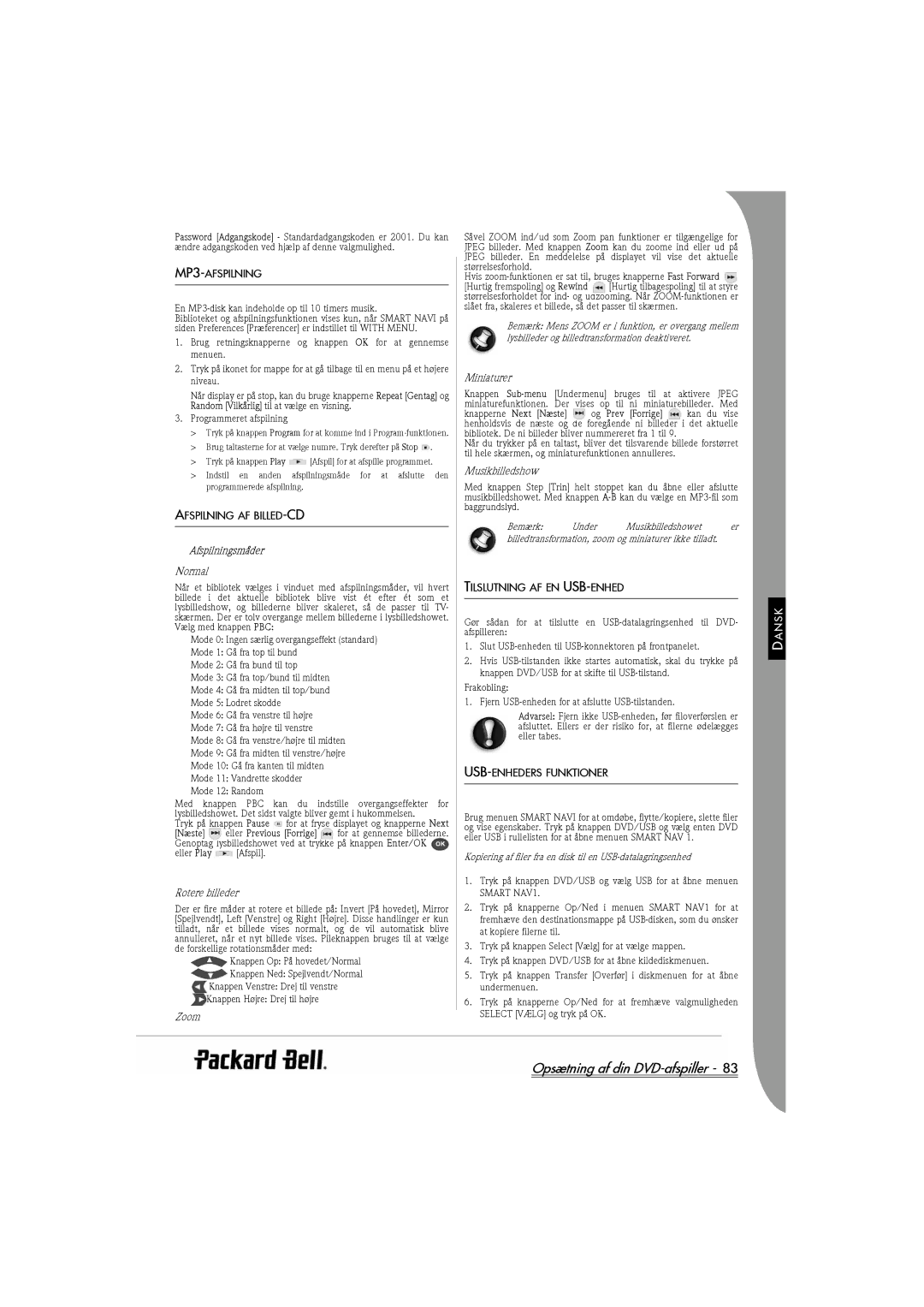 Packard Bell DVX 460 manual MP3-AFSPILNING, Afspilning AF BILLED-CD, Afspilningsmåder, Tilslutning AF EN USB-ENHED 