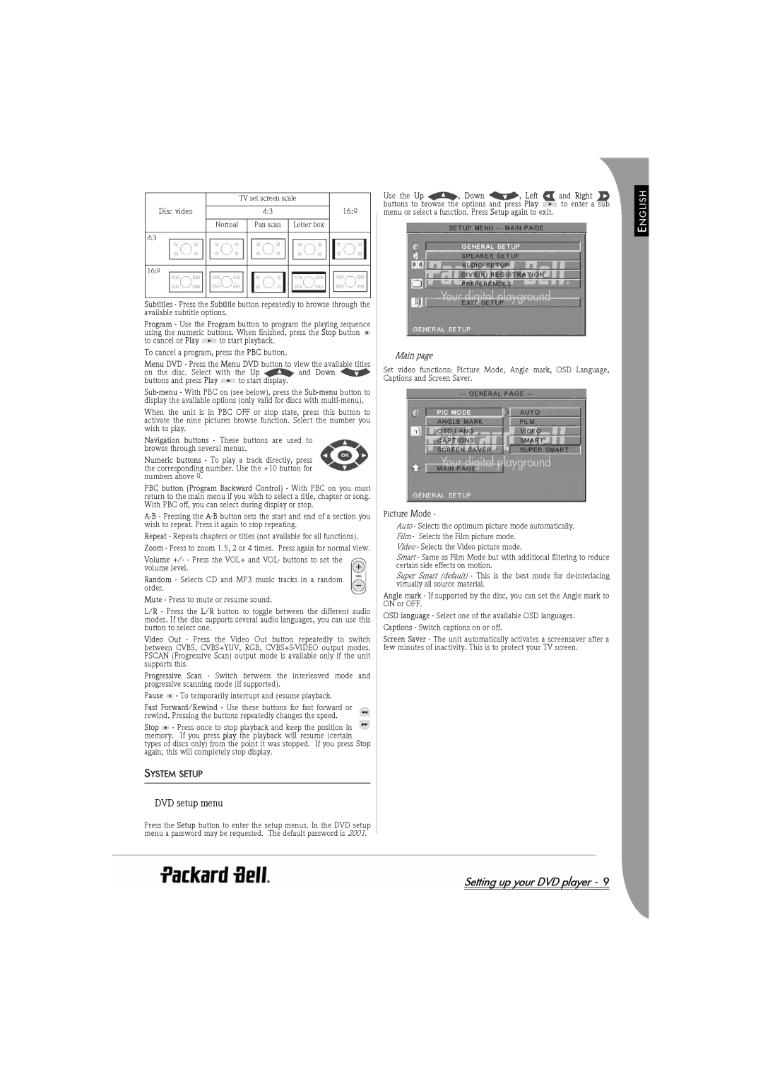 Packard Bell DVX 460 manual DVD setup menu, System Setup, Main, Picture Mode 