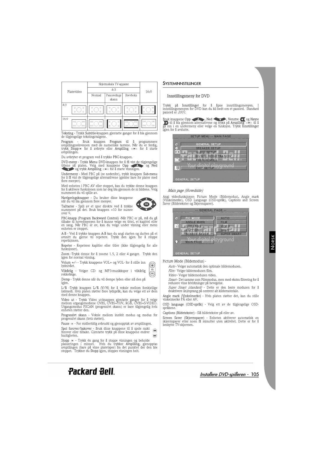 Packard Bell DVX 460 manual Innstillingsmeny for DVD, Systeminnstillinger, Main page Hovedside, Picture Mode Bildemodus 