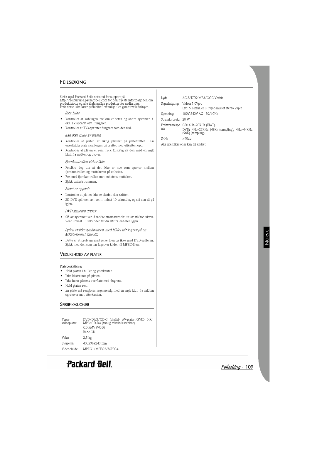 Packard Bell DVX 460 manual Feilsøking, Eilsøking, Vedlikehold AV Plater, Spesifikasjoner 