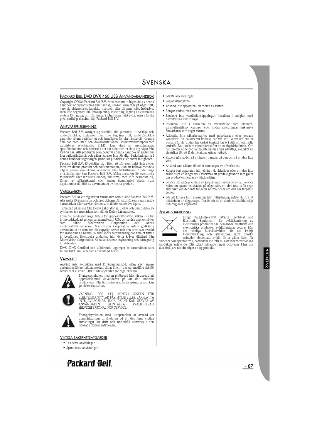 Packard Bell DVX 460 manual Svenska 