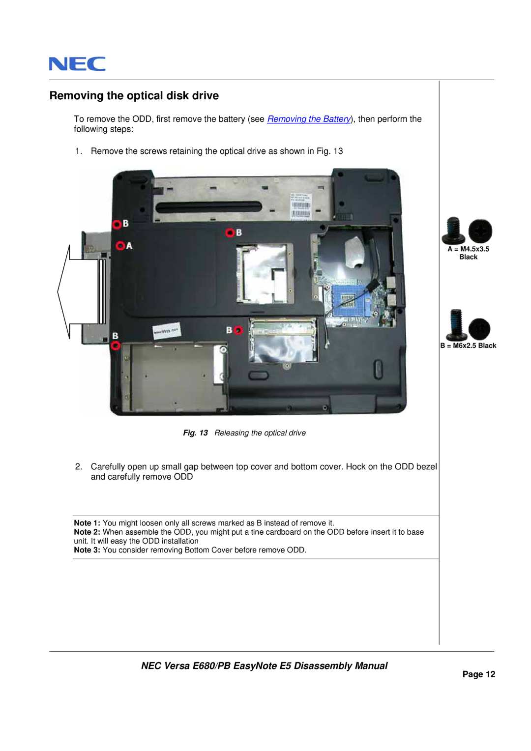 Packard Bell E680 manual Removing the optical disk drive, Releasing the optical drive 